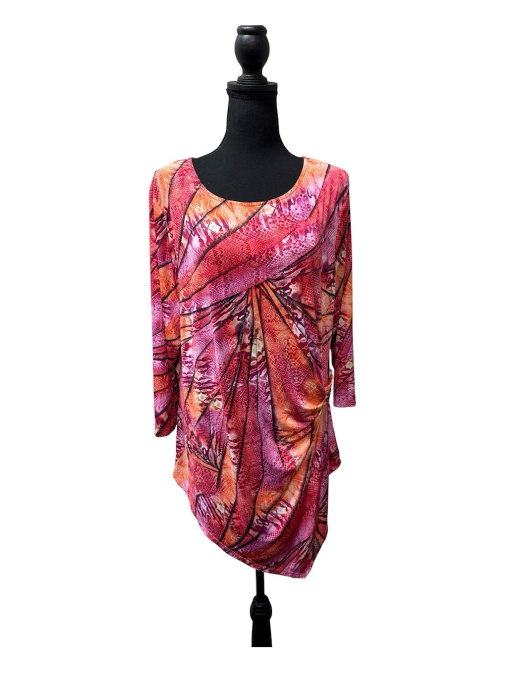 Nygard Orange Pink Abstract Tunic Top Womens Stretch Ruched 3/4 Sleeve